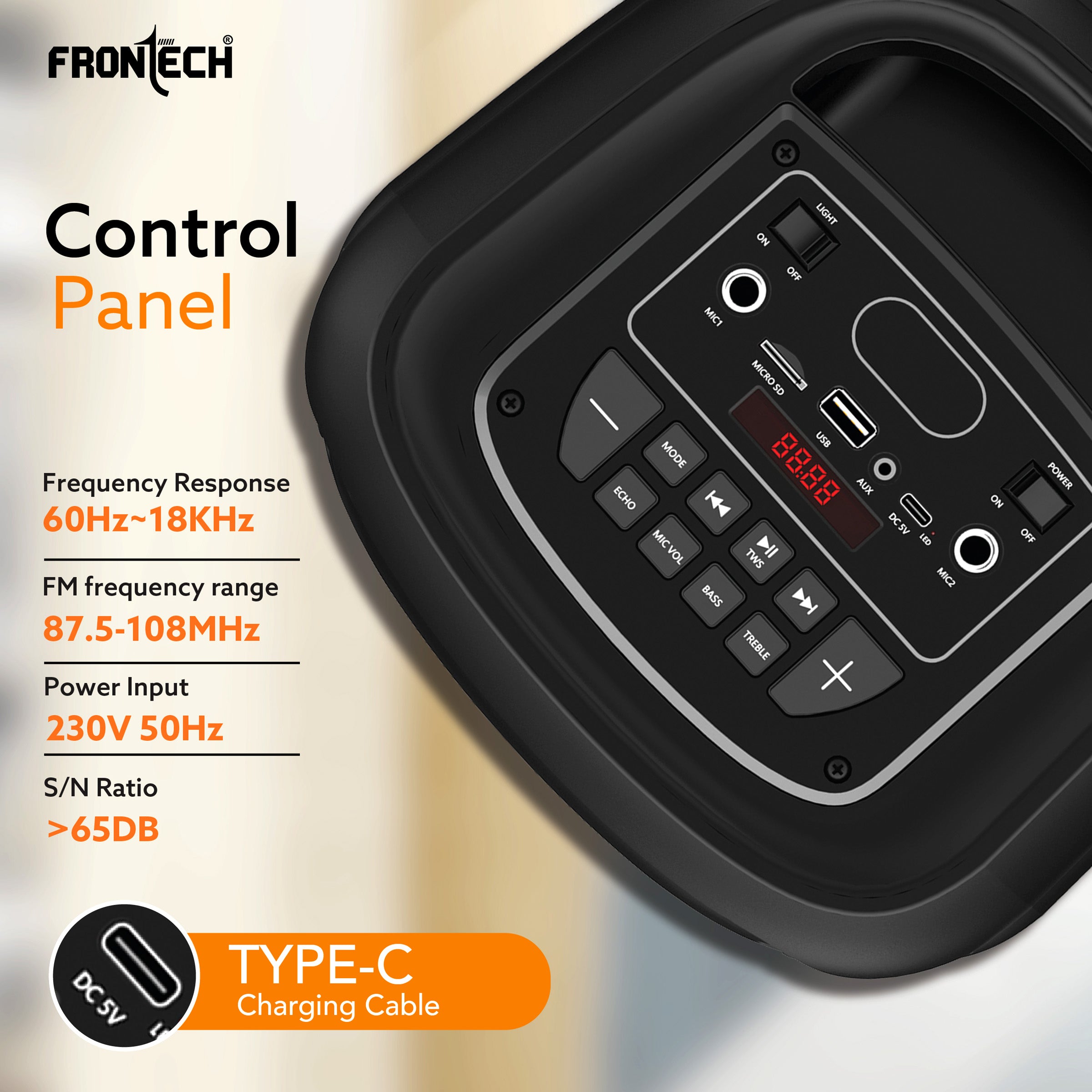 FRONTECH Smash Pro-21P 45W Portable Party Speaker | True Wireless Stereo | Karaoke Function with Wireless Mic | RGB LED Disco Lighting | Bluetooth 5.0 | FM Radio | USB, TF, AUX | Type-C Charging Port (SW-0021P) FRONTECH Smash Pro-21P 45W Portable Party Speaker | True Wireless Stereo | Karaoke Function with Wireless Mic | RGB LED Disco Lighting | Bluetooth 5.0 | FM Radio | USB, TF, AUX | Type-C Charging Port (SW-0021P)